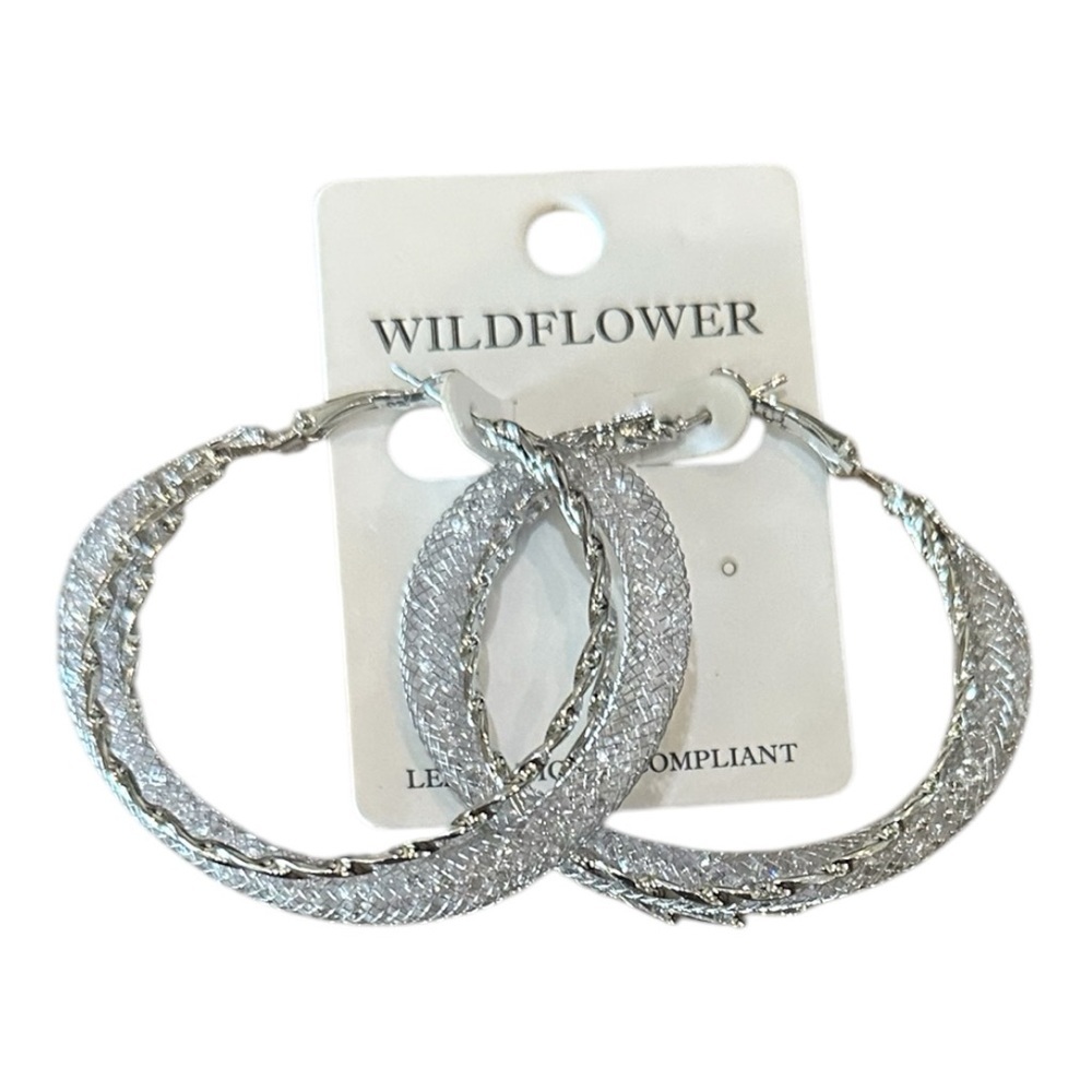 Wildflower Silver Textured Twisted Hoop Earrings – 2.25”